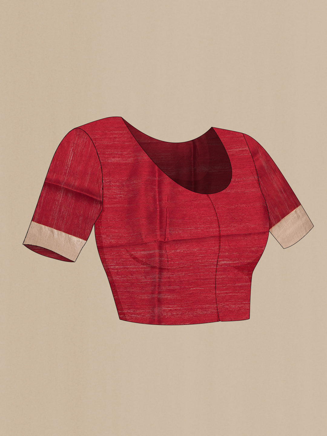 Close up image of the blouse of Red Tussar Saree with Bandhani Print on the body and Zari Border. 
