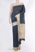 Navy Blue Tussar Saree with Bandhani Print on the body and Zari Border.  displayed on a mannequin