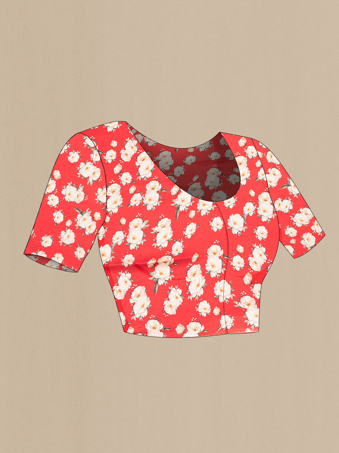 Close up image of the blouse of Red Crepe Saree with Floral Print on the body and Without Border. 