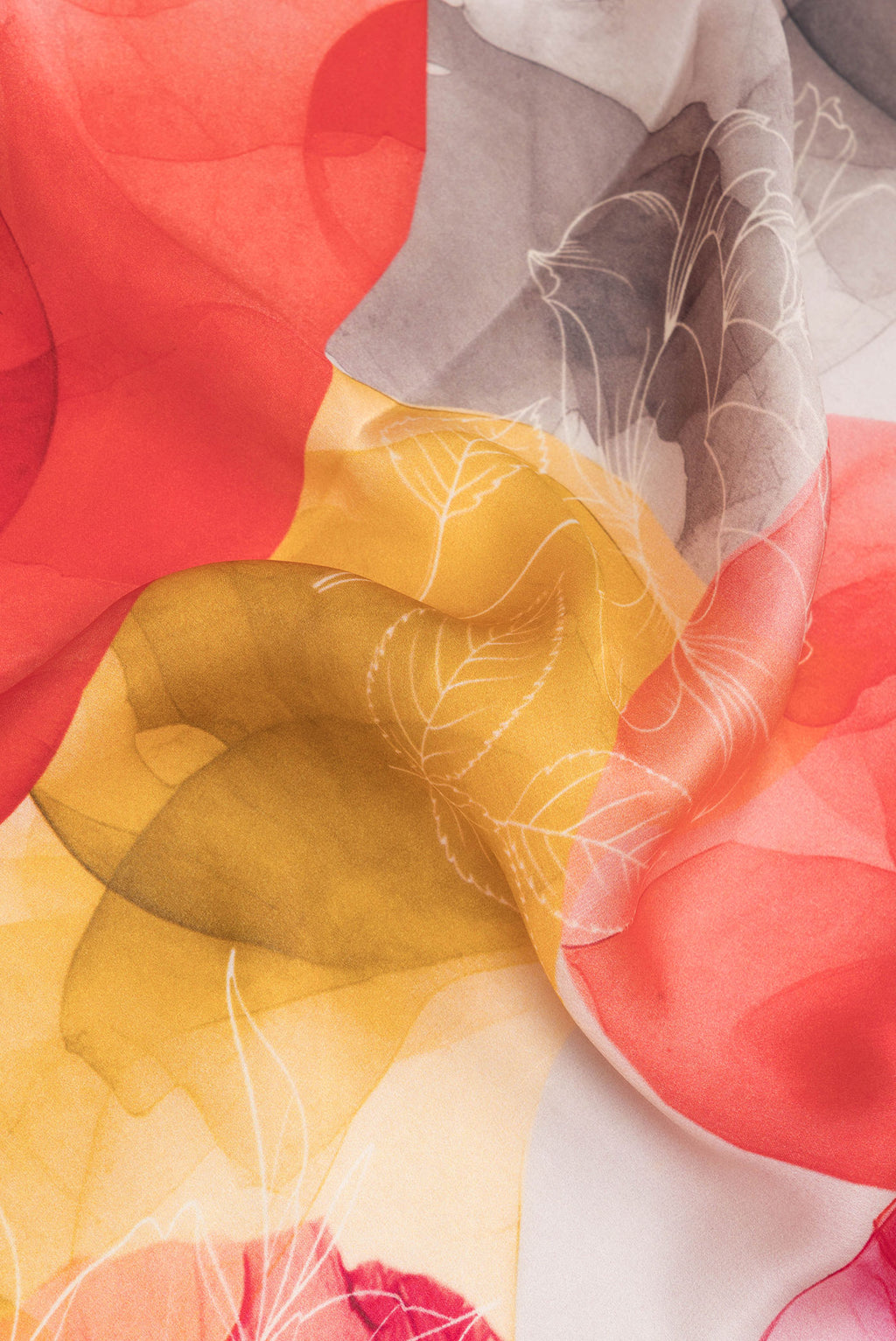 Close up of Multi Color Crepe Saree with Printed design on the body and Without Border.  displaying folds