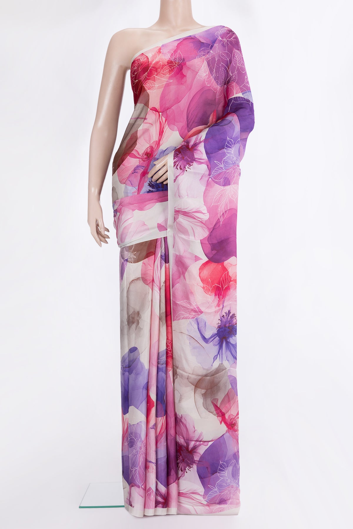 Multi Color Crepe Saree with Floral Print on the body and Plain Border.  displayed on a mannequin