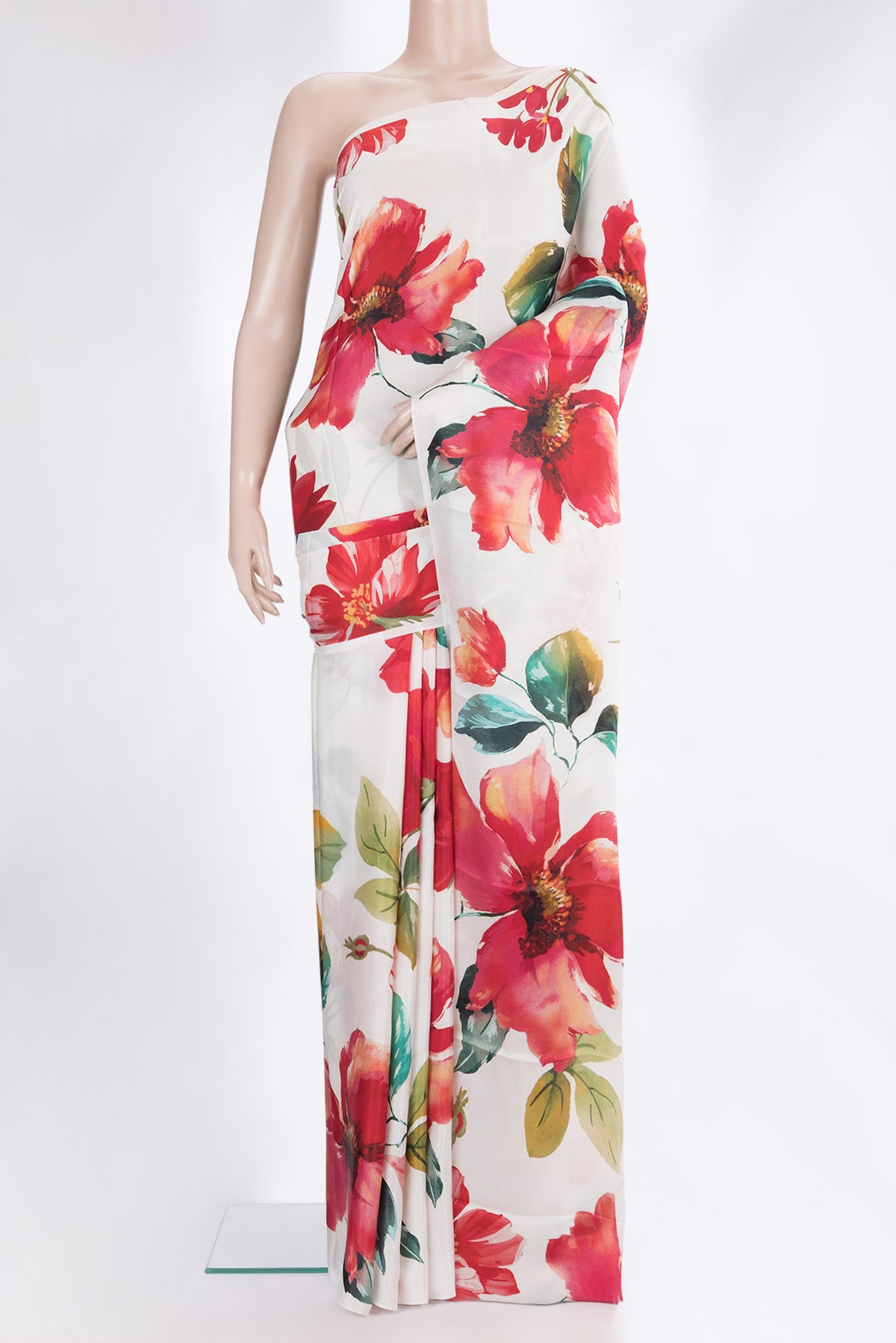 Off White Crepe Saree with Floral Print on the body and Without Border.  displayed on a mannequin