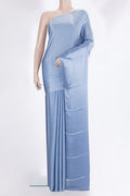 Maya Blue Crepe Saree with Plain Body and Without Border.  displayed on a mannequin