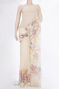 Cream Organza Saree with Printed design on the body and Fancy Border.  displayed on a mannequin
