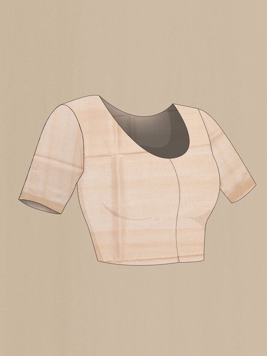 Close up image of the blouse of Beige Tussar Silk Saree with Checked design on the body and Zari Border. 