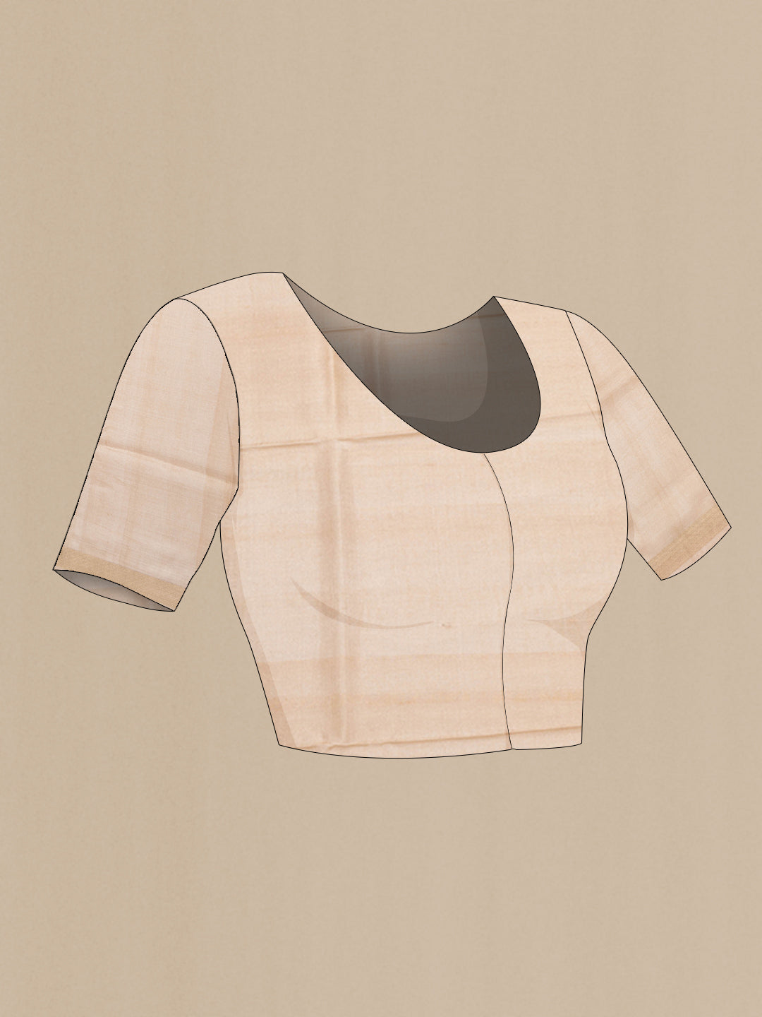 Close up image of the blouse of Beige Tussar Silk Saree with Checked design on the body and Zari Border. 