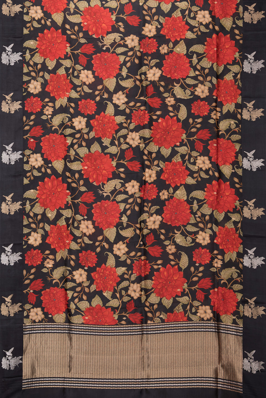 Flat view of Black Tussar Silk Saree with Floral Print on the body and Fancy Border. 