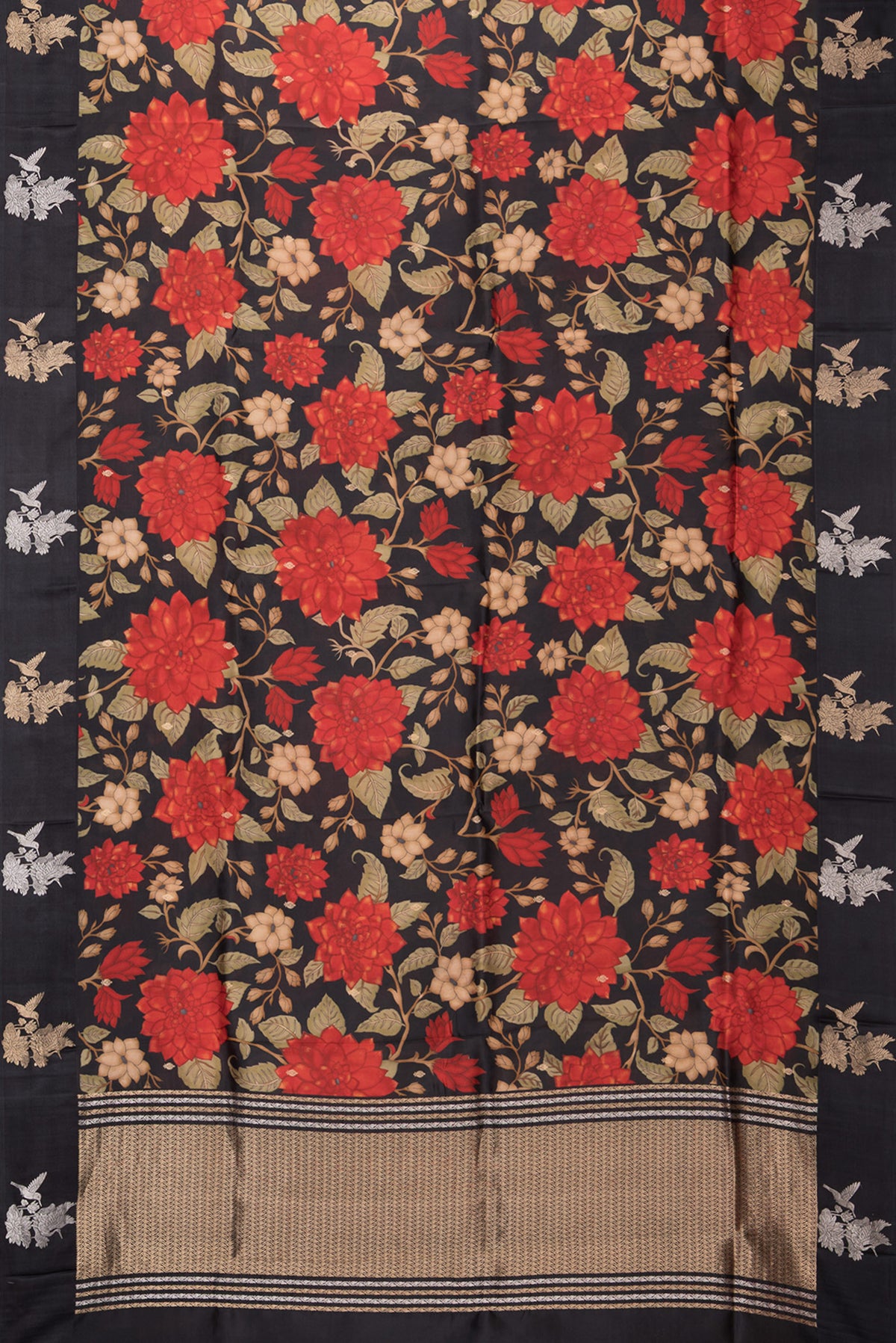 Flat view of Black Tussar Silk Saree with Floral Print on the body and Fancy Border. 