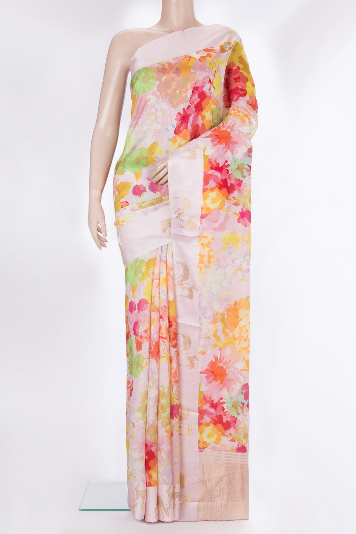 Pure Silk Rose pink Dual Tone Tussar Saree with Printed design on the body and Fancy Border.  displayed on a mannequin