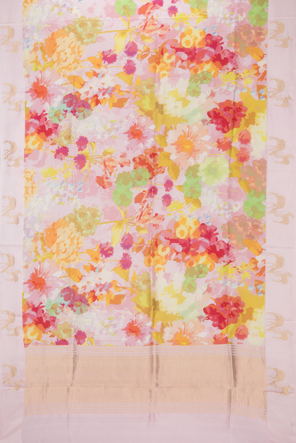 Flat view of Pure Silk Rose pink Dual Tone Tussar Saree with Printed design on the body and Fancy Border. 