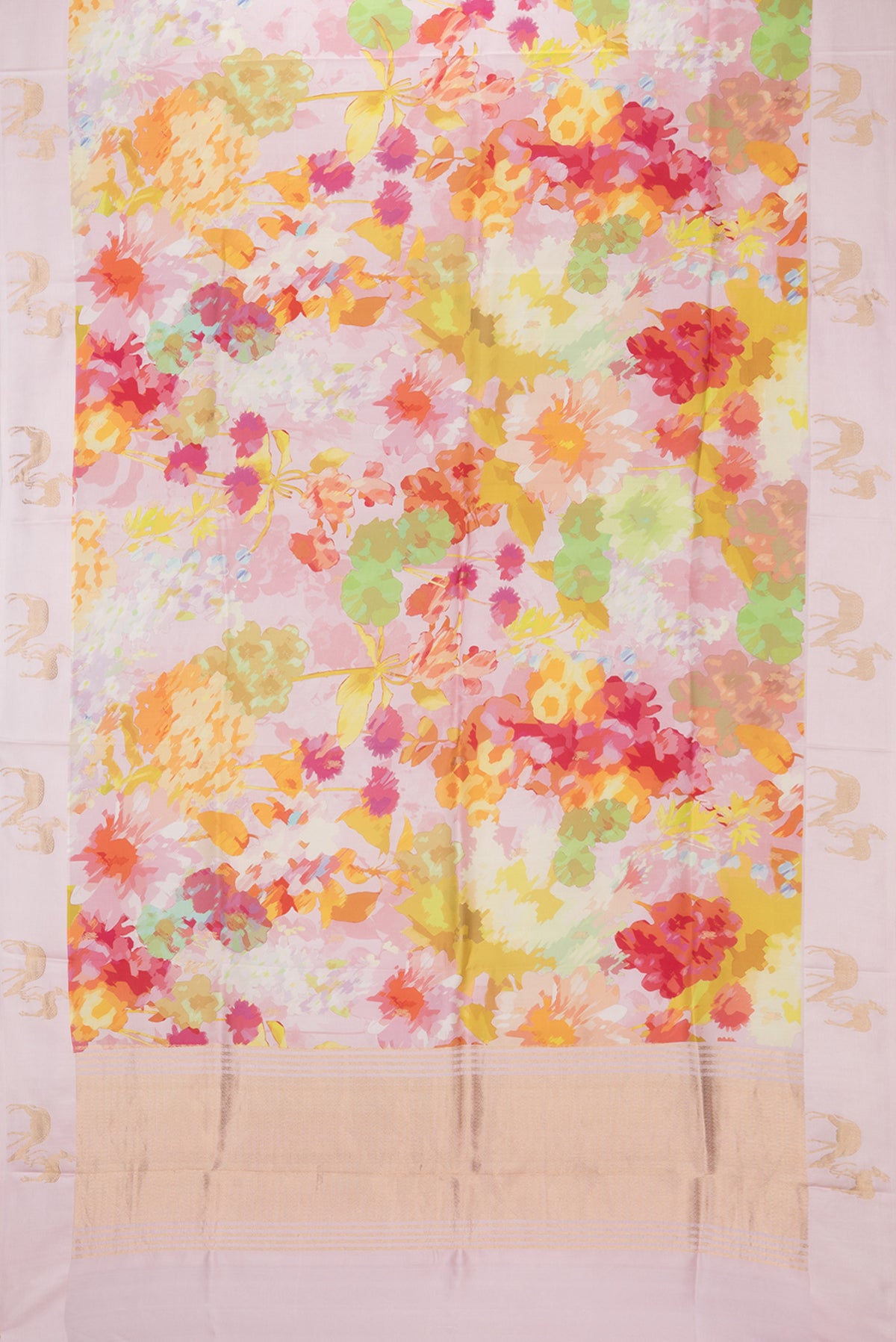 Flat view of Pure Silk Rose pink Dual Tone Tussar Saree with Printed design on the body and Fancy Border. 