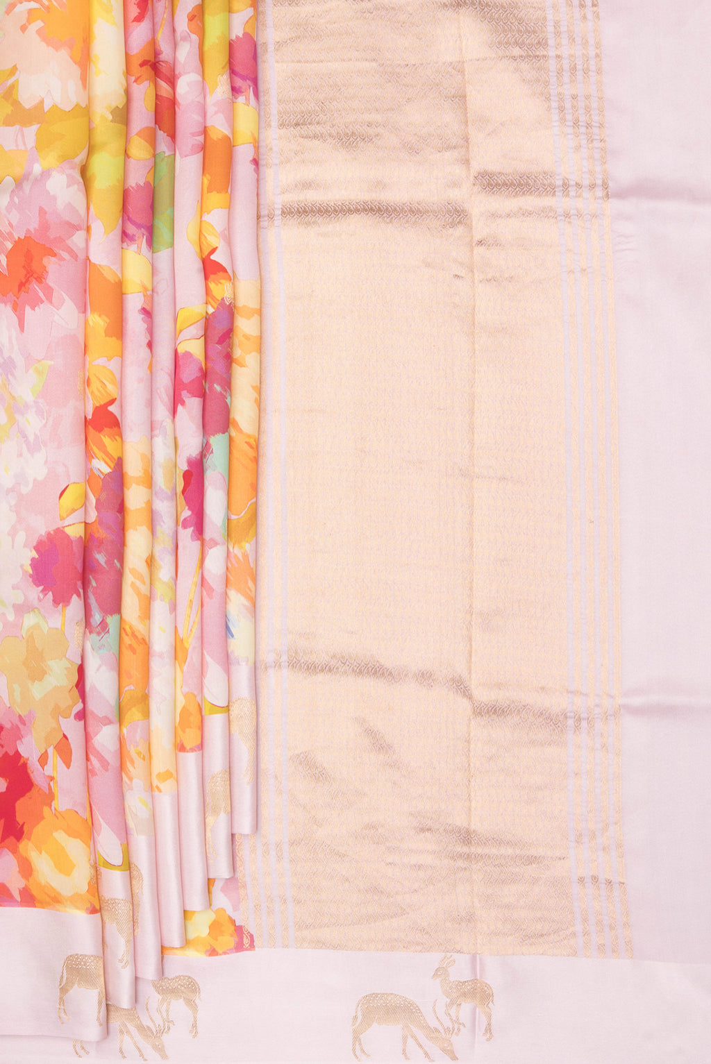 Pleats and pallu of Pure Silk Rose pink Dual Tone Tussar Saree with Printed design on the body and Fancy Border. 