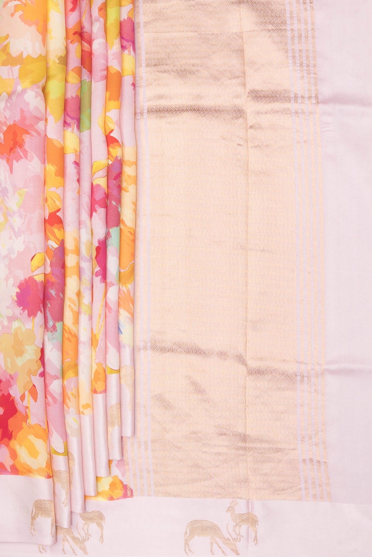 Pleats and pallu of Pure Silk Rose pink Dual Tone Tussar Saree with Printed design on the body and Fancy Border. 