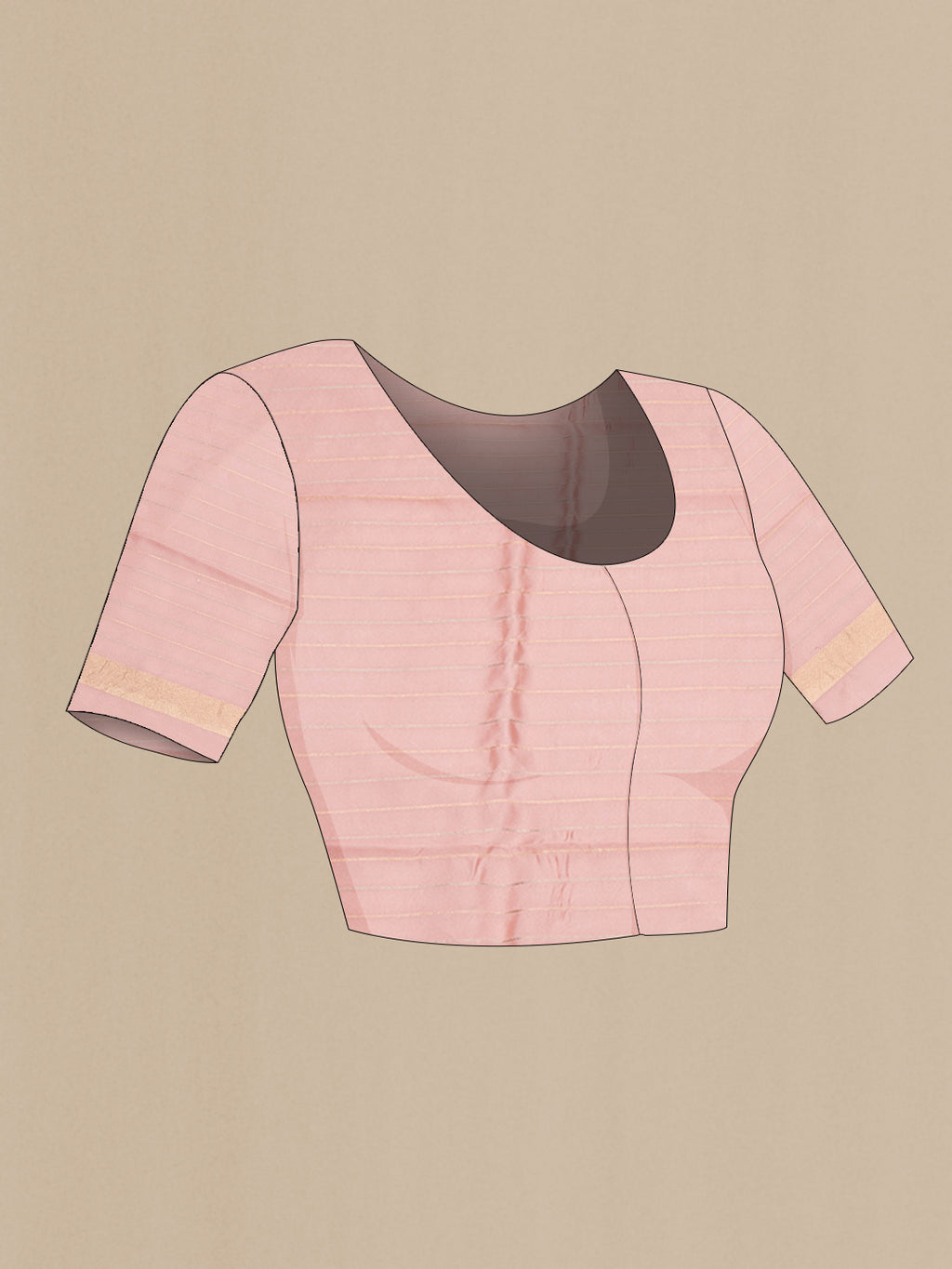 Close up image of the blouse of Pure Silk Peach Tussar Saree with Printed design on the body and Fancy Border. 