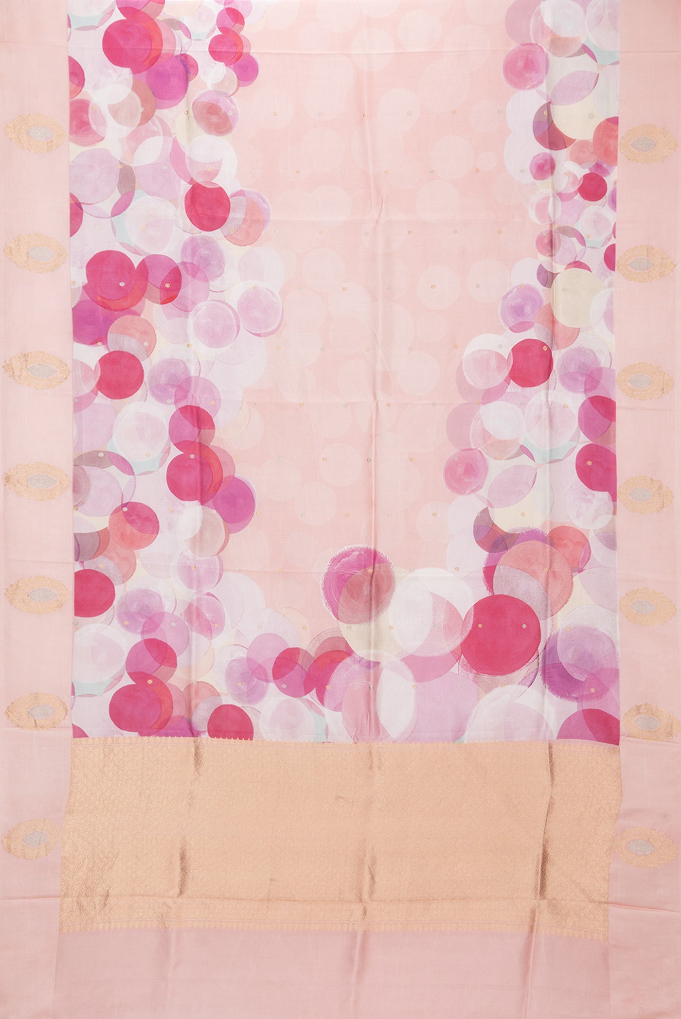 Flat view of Pure Silk Peach Tussar Saree with Printed design on the body and Fancy Border. 