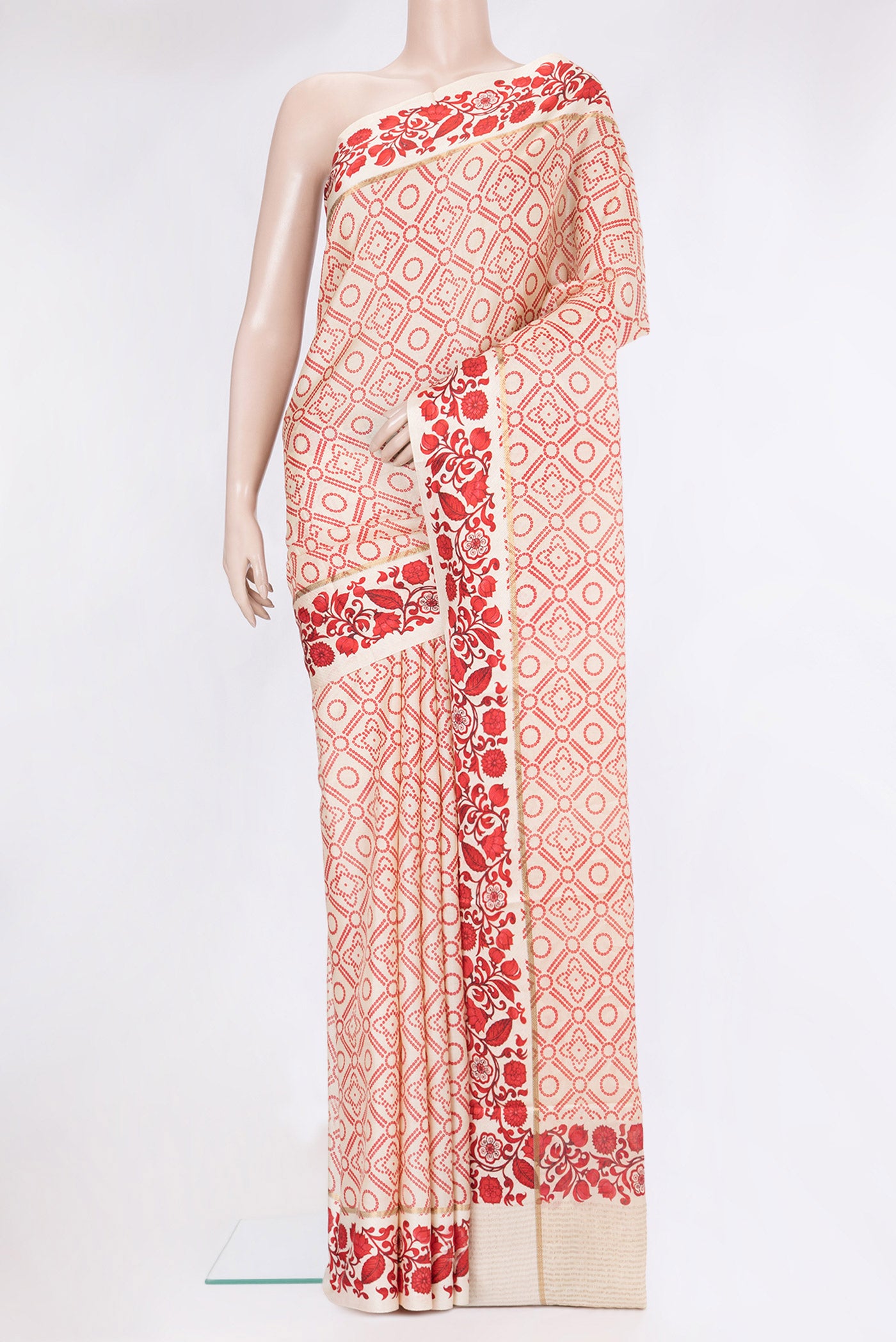 Beige Tussar Silk Saree with Bandhani Print on the body and Fancy Border.  displayed on a mannequin