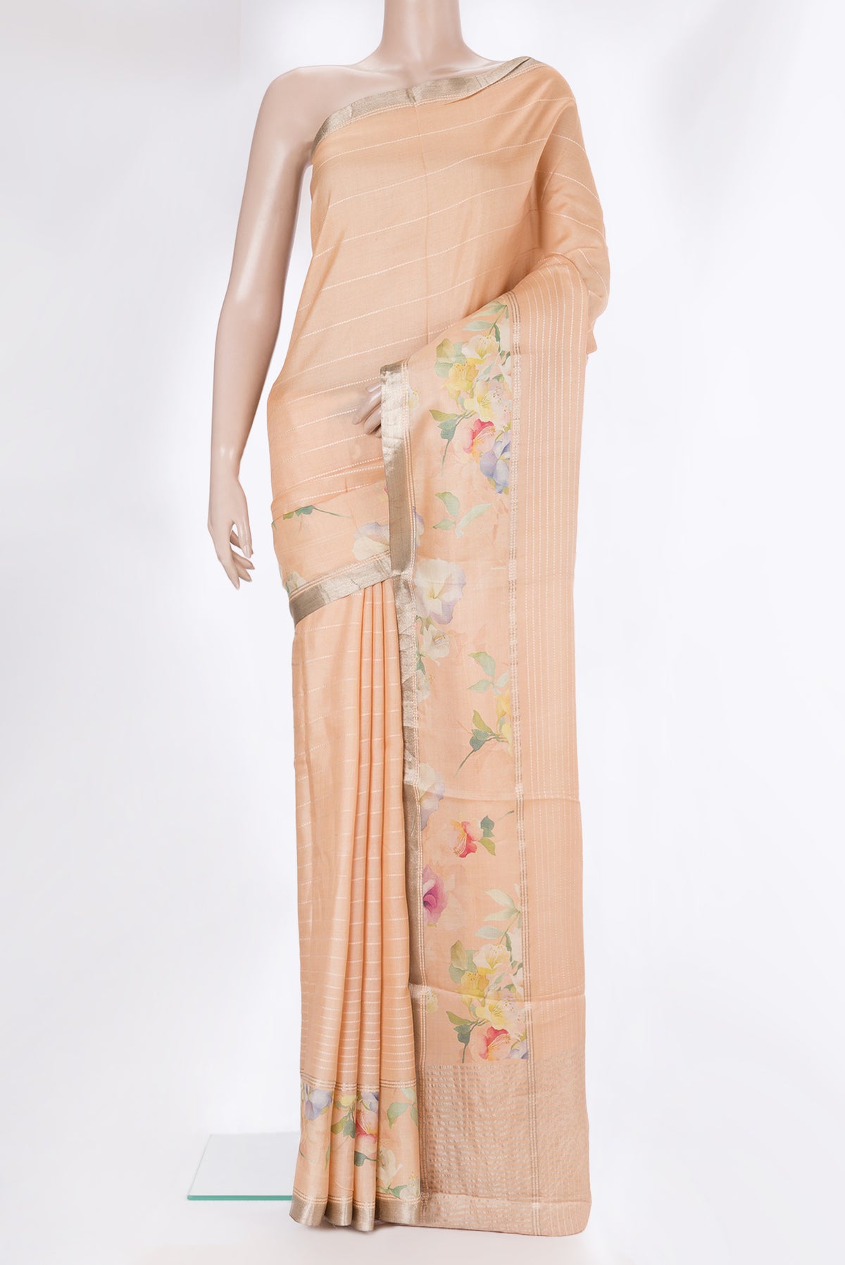 Pure Silk Peach Dual Tone Tussar Saree with Stripes on the body and Fancy Border.  displayed on a mannequin