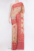 Dark Beige Tussar Silk Saree with Printed design on the body and Fancy Border.  displayed on a mannequin