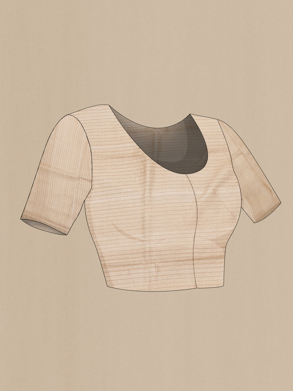 Close up image of the blouse of Beige Tussar Saree with Printed design on the body and Plain Border. 