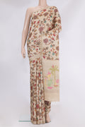 Beige Tussar Saree with Printed design on the body and Plain Border.  displayed on a mannequin