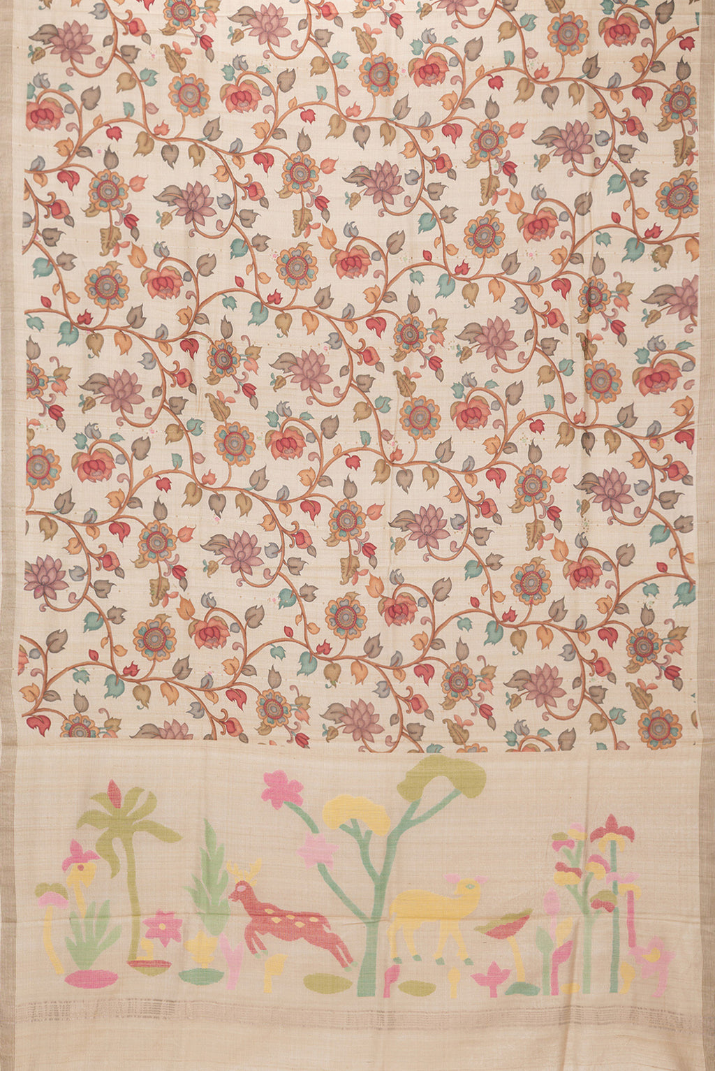 Flat view of Beige Tussar Saree with Printed design on the body and Plain Border. 