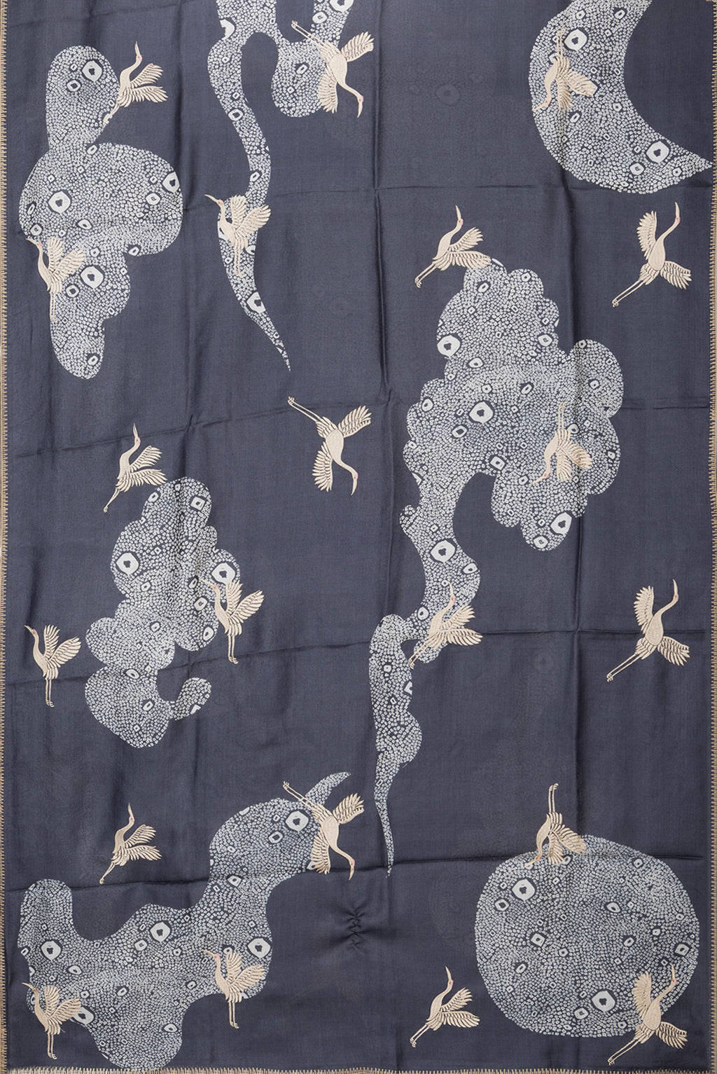 Flat view of Navy Blue Tussar Silk Saree with Embroidery on the body and Embroidery Border. 