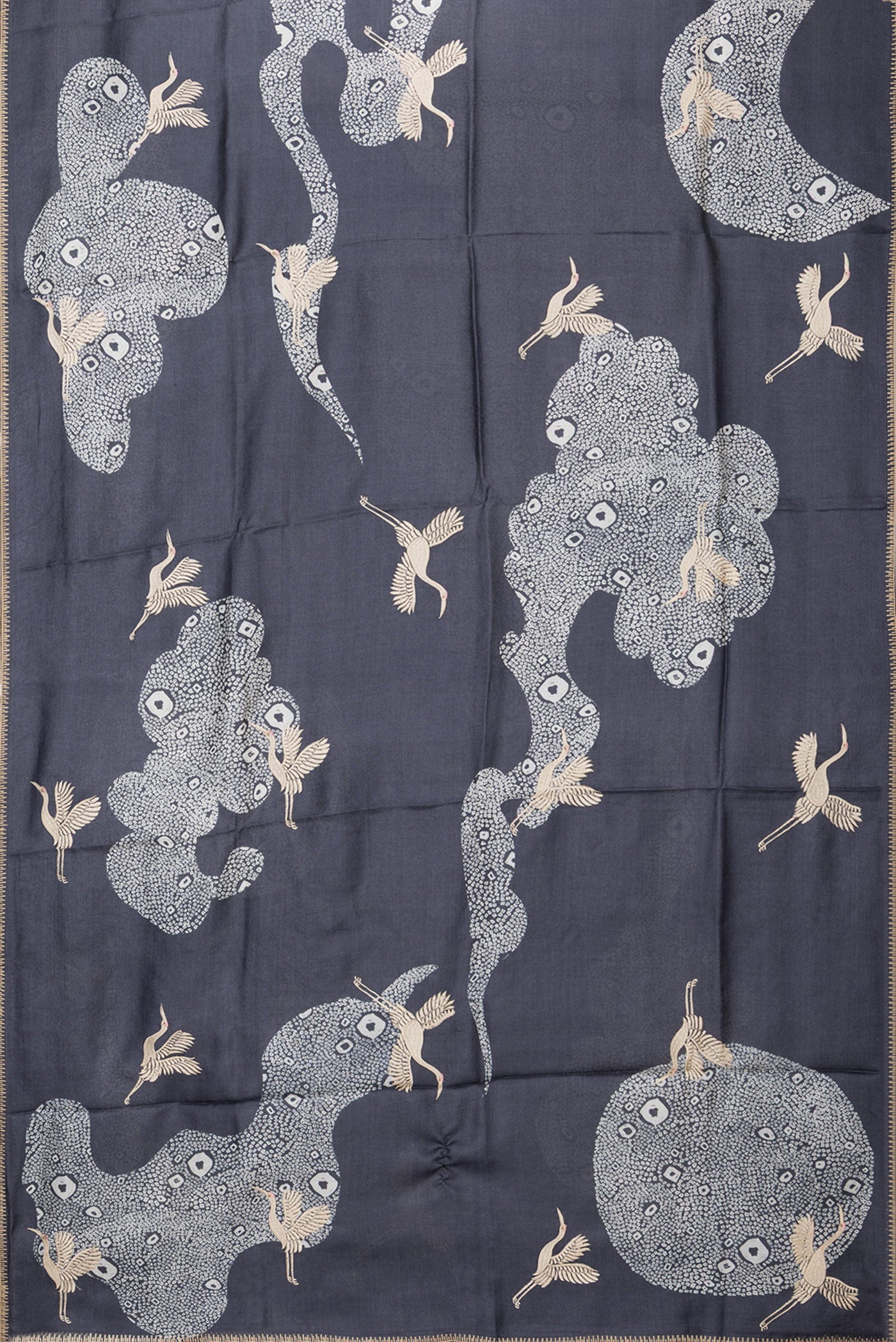 Flat view of Navy Blue Tussar Silk Saree with Embroidery on the body and Embroidery Border. 