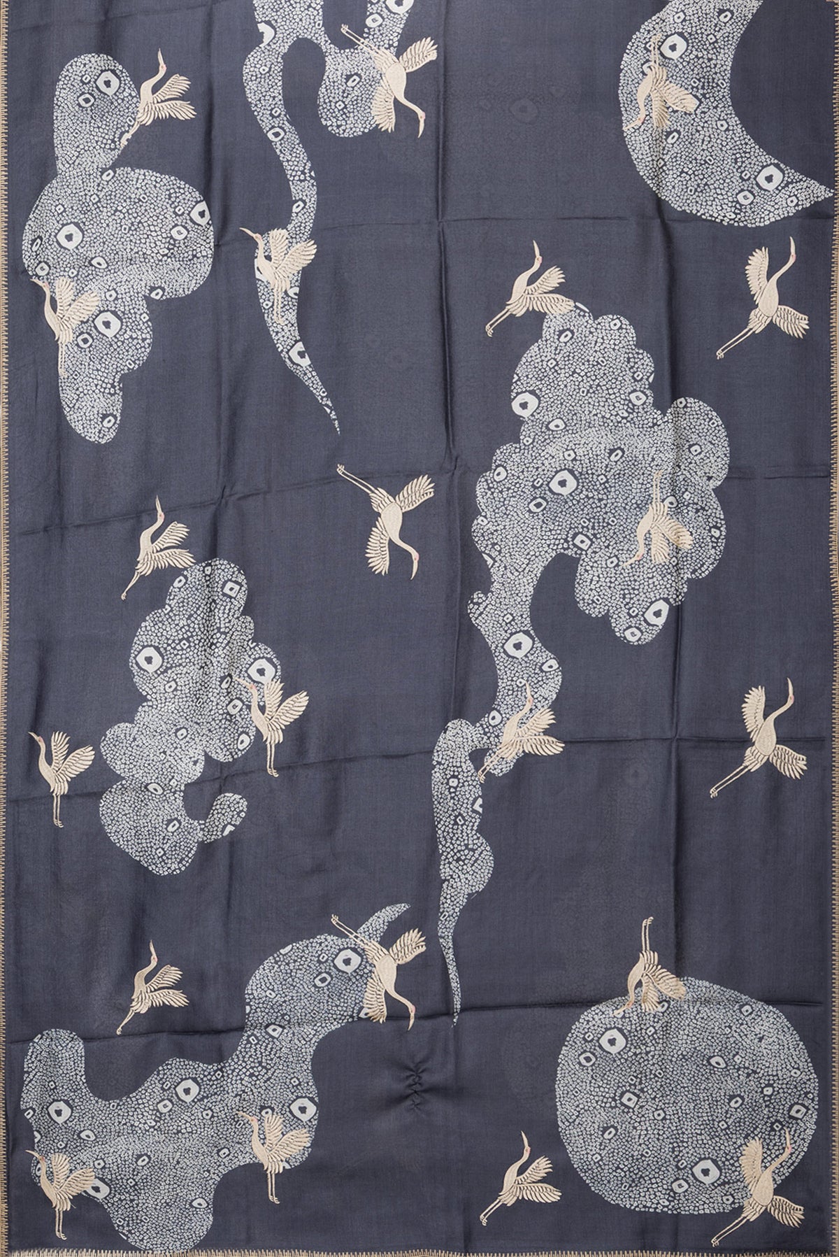 Flat view of Navy Blue Tussar Silk Saree with Embroidery on the body and Embroidery Border. 