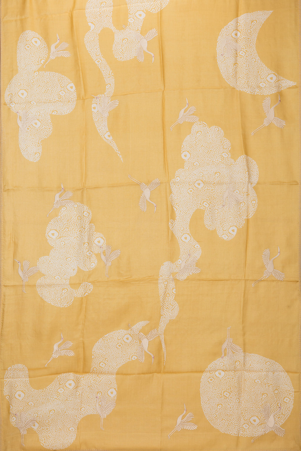 Flat view of Yellow Tussar Silk Saree with Embroidery on the body and Embroidery Border. 