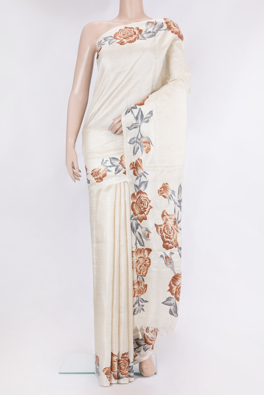Off White Tussar Silk Saree with Stripes on the body and Fancy Border.  displayed on a mannequin