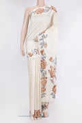 Off White Tussar Silk Saree with Stripes on the body and Fancy Border.  displayed on a mannequin