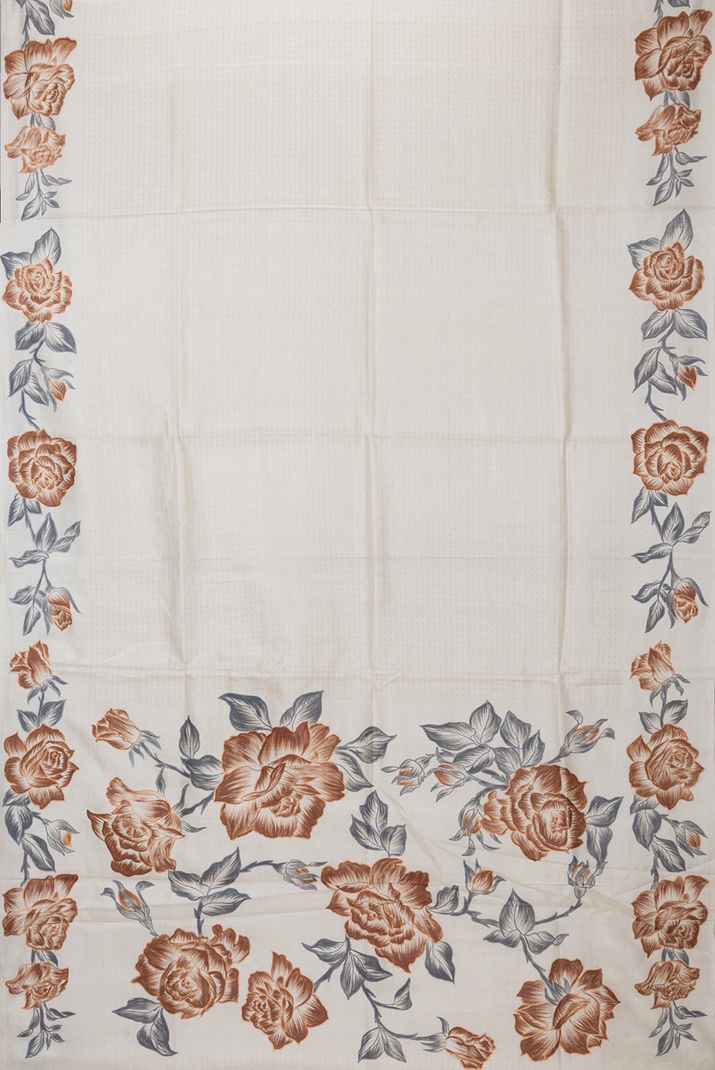 Flat view of Off White Tussar Silk Saree with Stripes on the body and Fancy Border. 