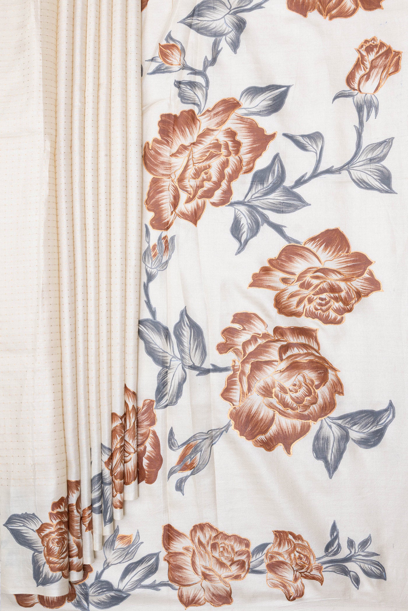 Pleats and pallu of Off White Tussar Silk Saree with Stripes on the body and Fancy Border. 