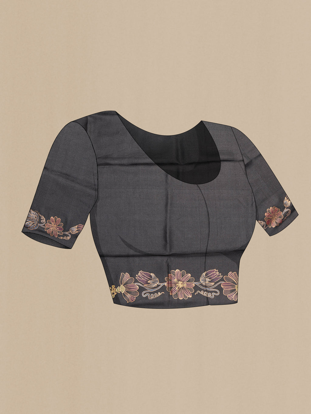 Close up image of the blouse of Black Tussar Silk Saree with Checked design on the body and Fancy Border. 