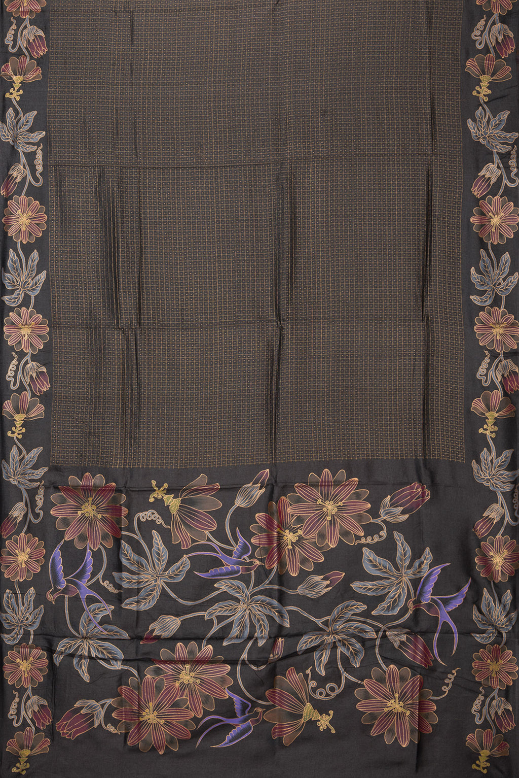 Flat view of Black Tussar Silk Saree with Checked design on the body and Fancy Border. 