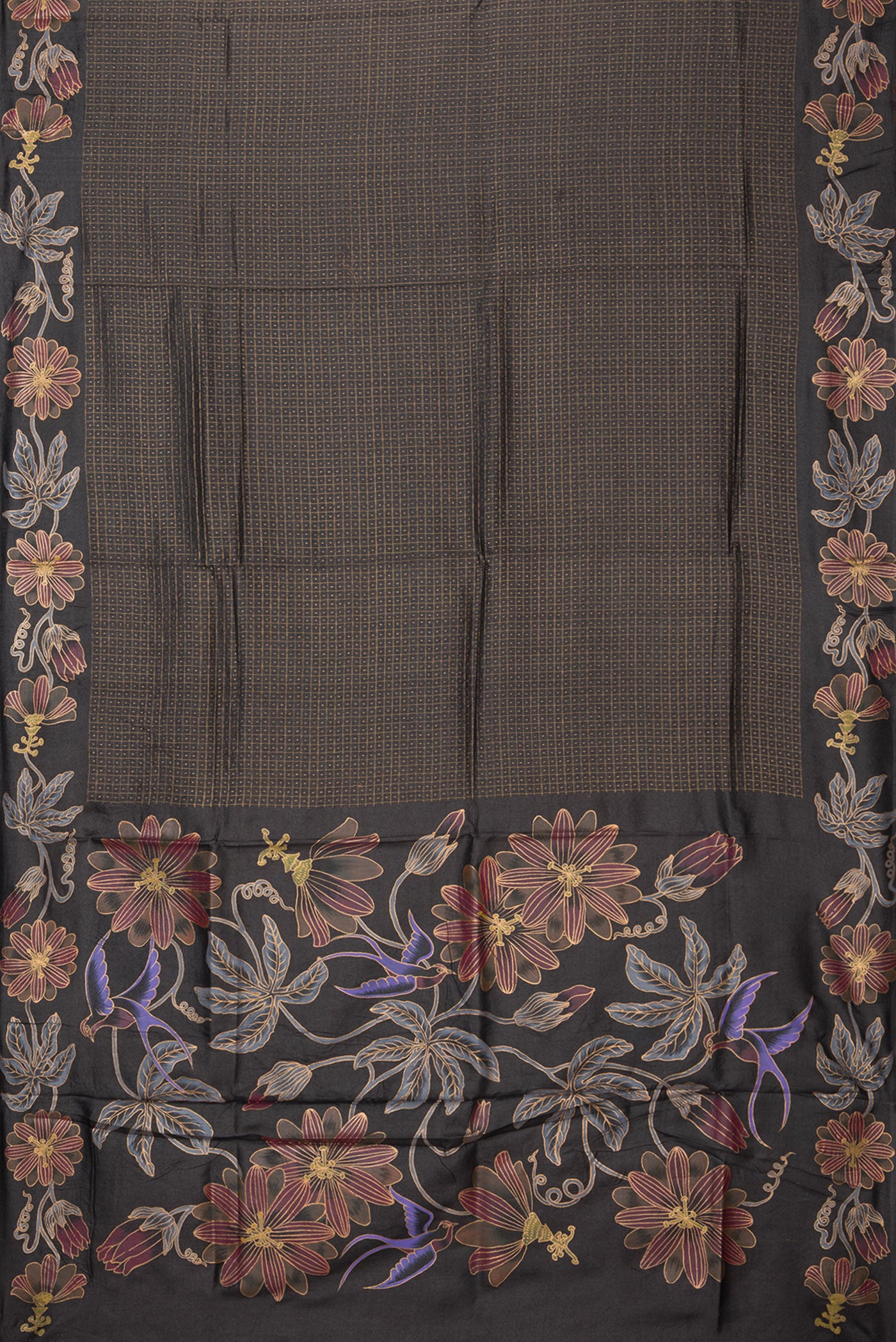 Flat view of Black Tussar Silk Saree with Checked design on the body and Fancy Border. 