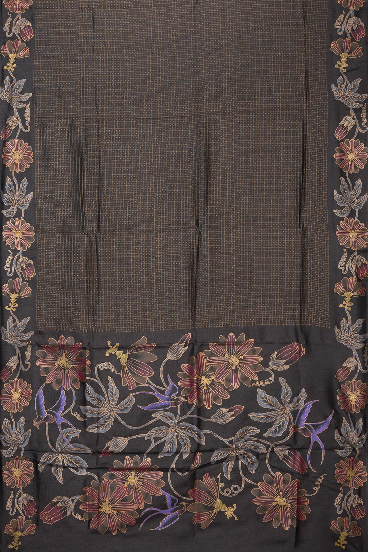 Flat view of Black Tussar Silk Saree with Checked design on the body and Fancy Border. 