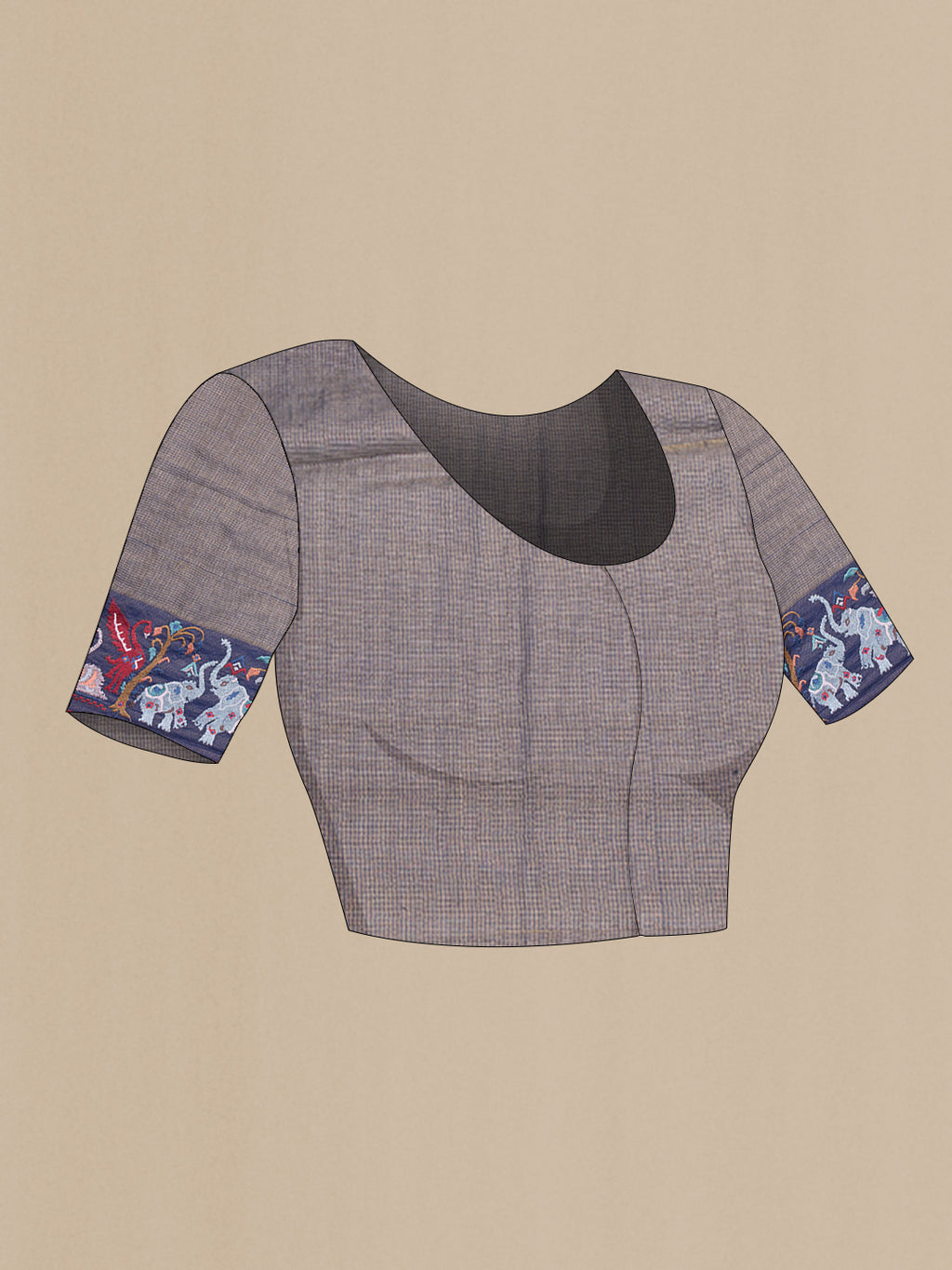 Close up image of the blouse of Navy Blue Tussar Silk Saree with Checked design on the body and Embroidery Border. 