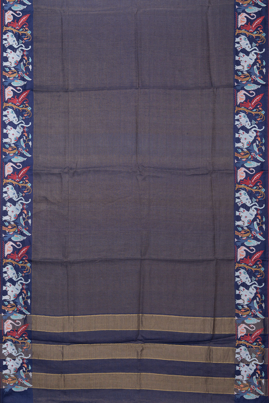 Flat view of Navy Blue Tussar Silk Saree with Checked design on the body and Embroidery Border. 
