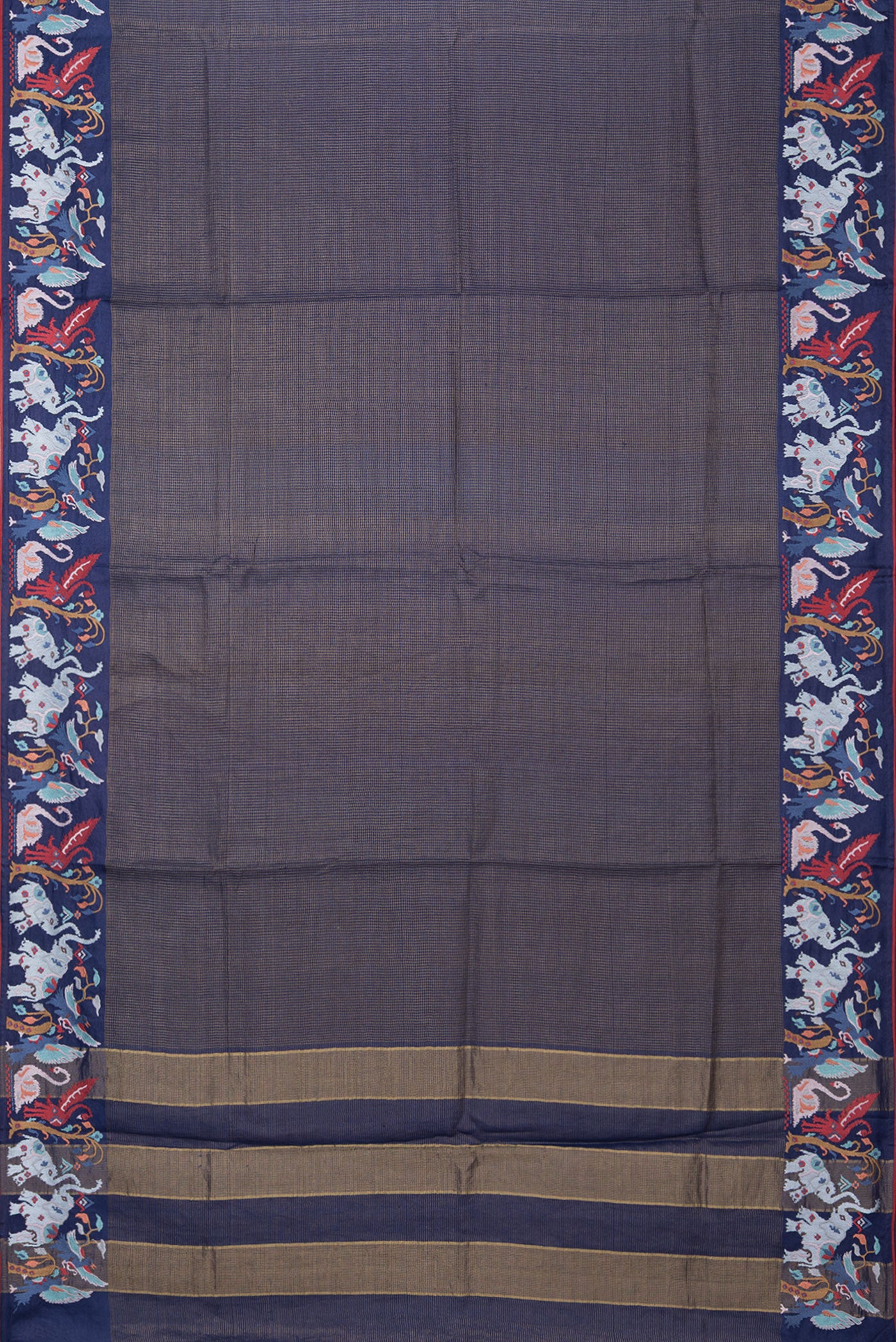 Flat view of Navy Blue Tussar Silk Saree with Checked design on the body and Embroidery Border. 