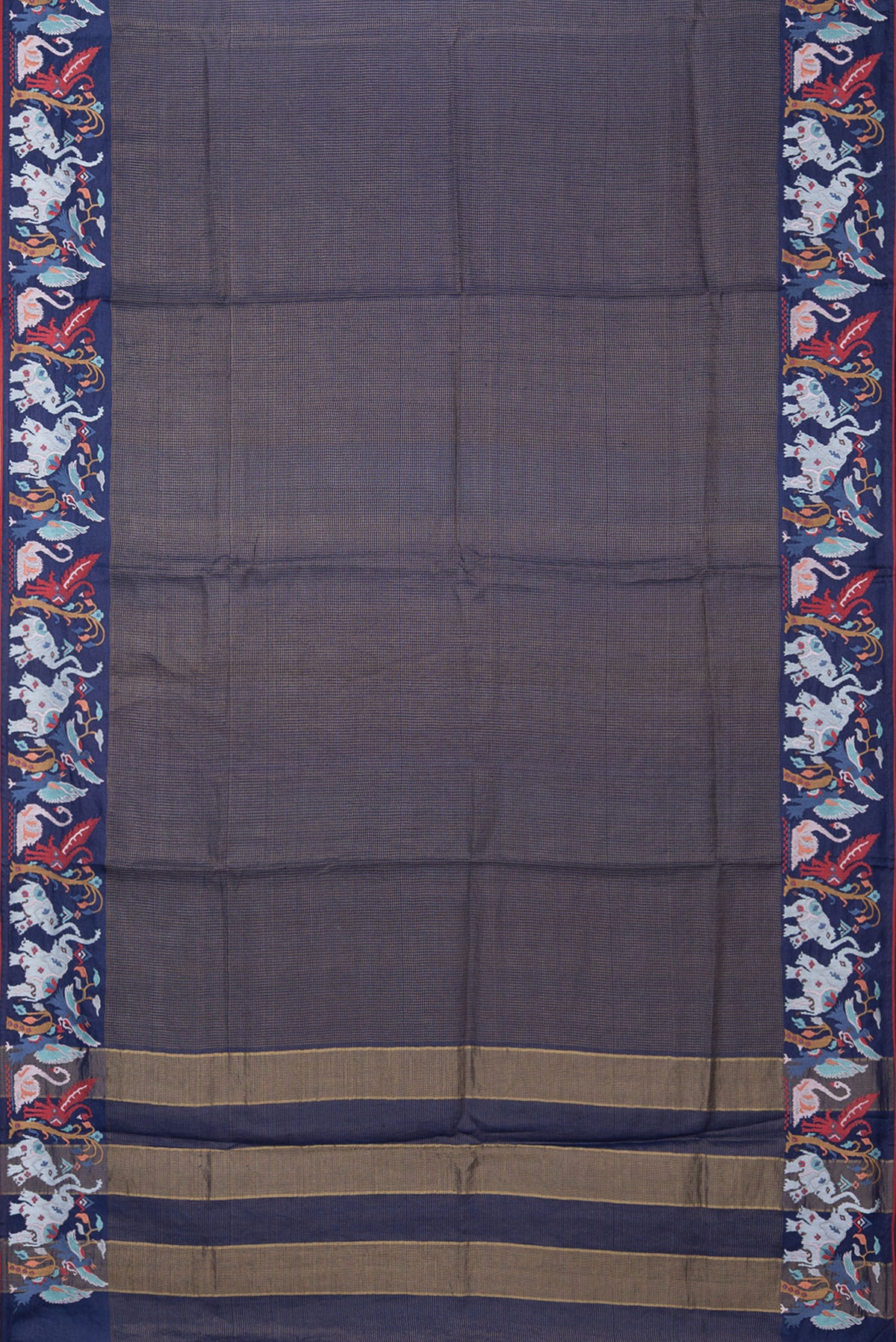 Flat view of Navy Blue Tussar Silk Saree with Checked design on the body and Embroidery Border. 