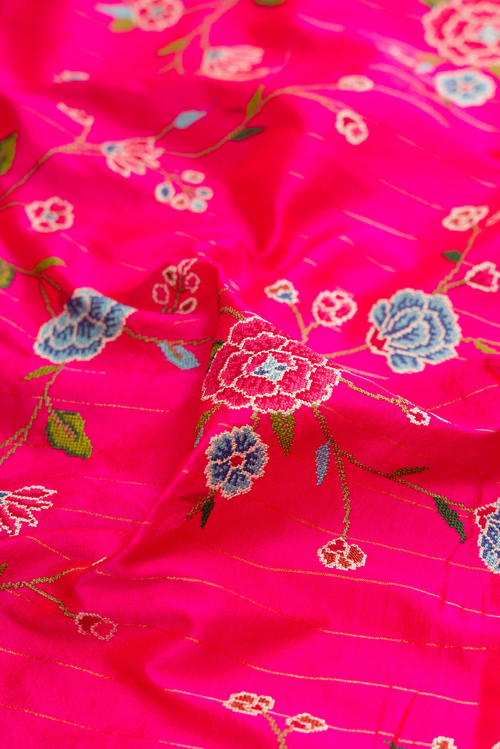 Close up of Pink Paithani Silk Saree with Embroidery on the body and Paithani Border.  displaying folds