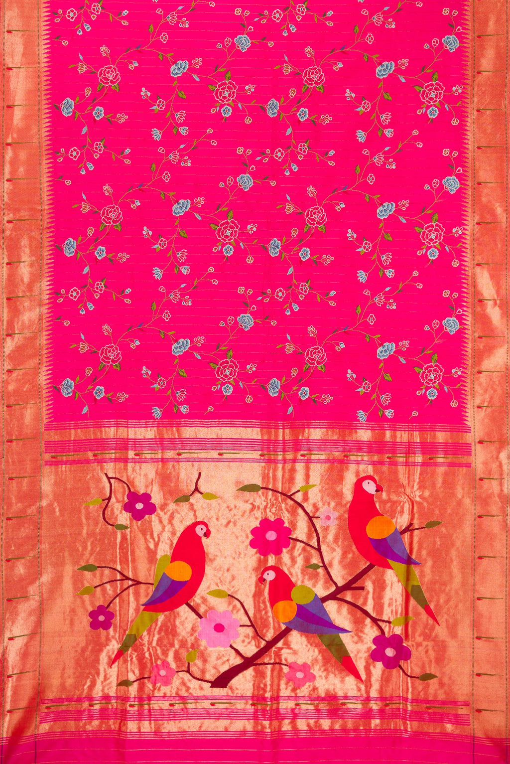 Flat view of Pink Paithani Silk Saree with Embroidery on the body and Paithani Border. 