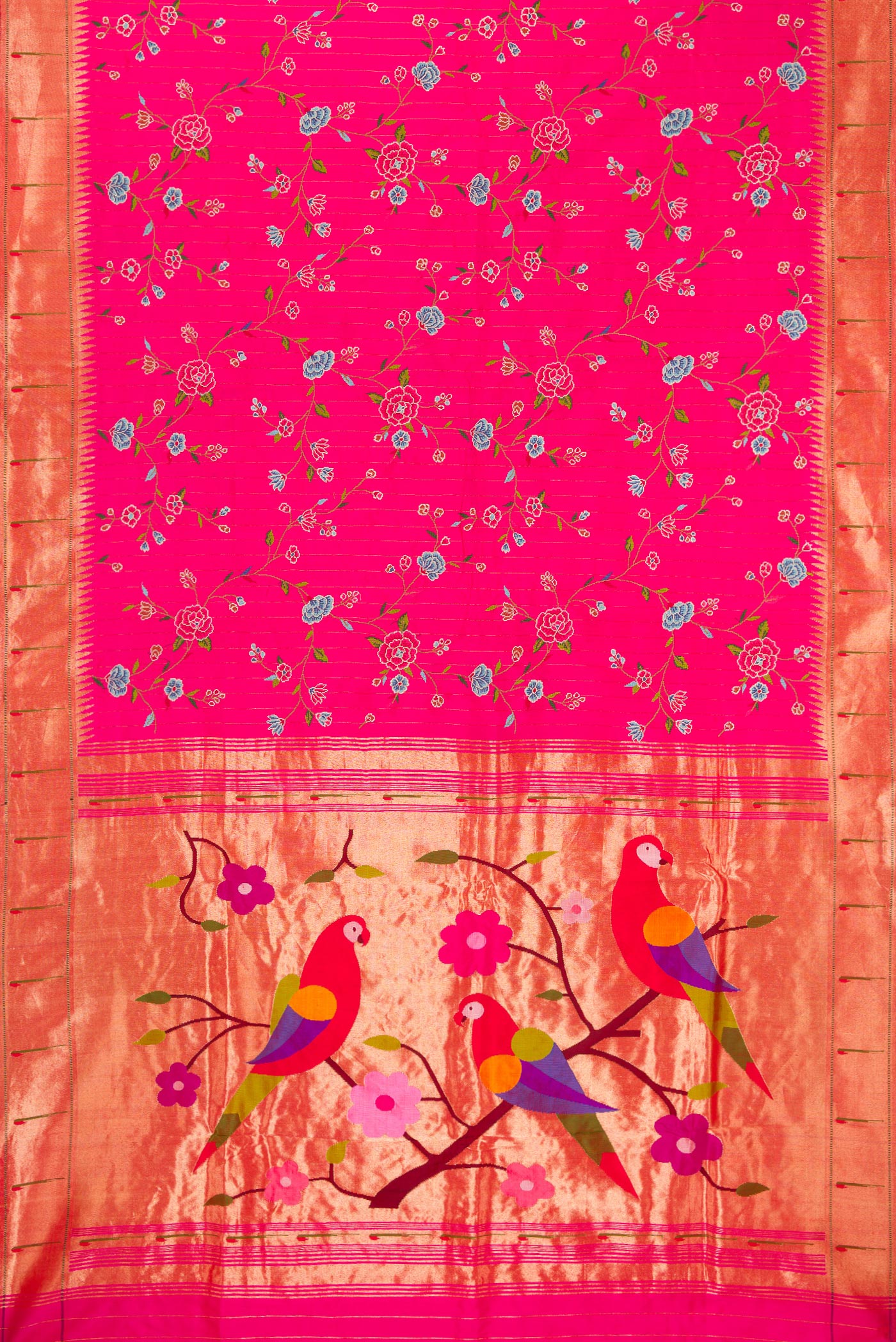 Flat view of Pink Paithani Silk Saree with Embroidery on the body and Paithani Border. 
