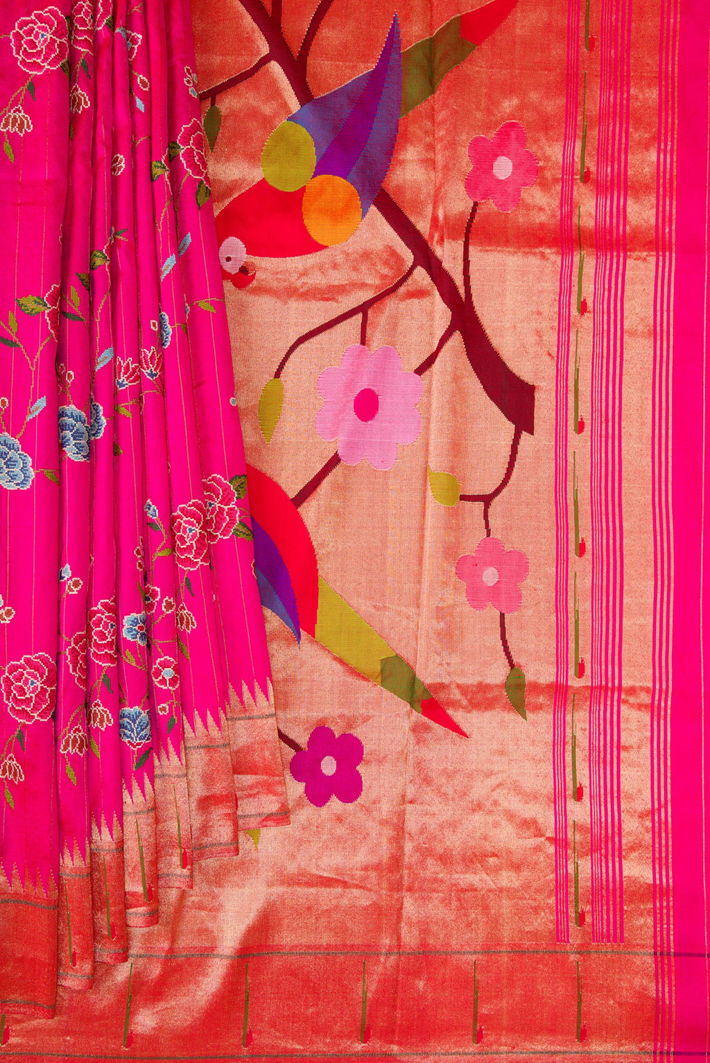 Pleats and pallu of Pink Paithani Silk Saree with Embroidery on the body and Paithani Border. 