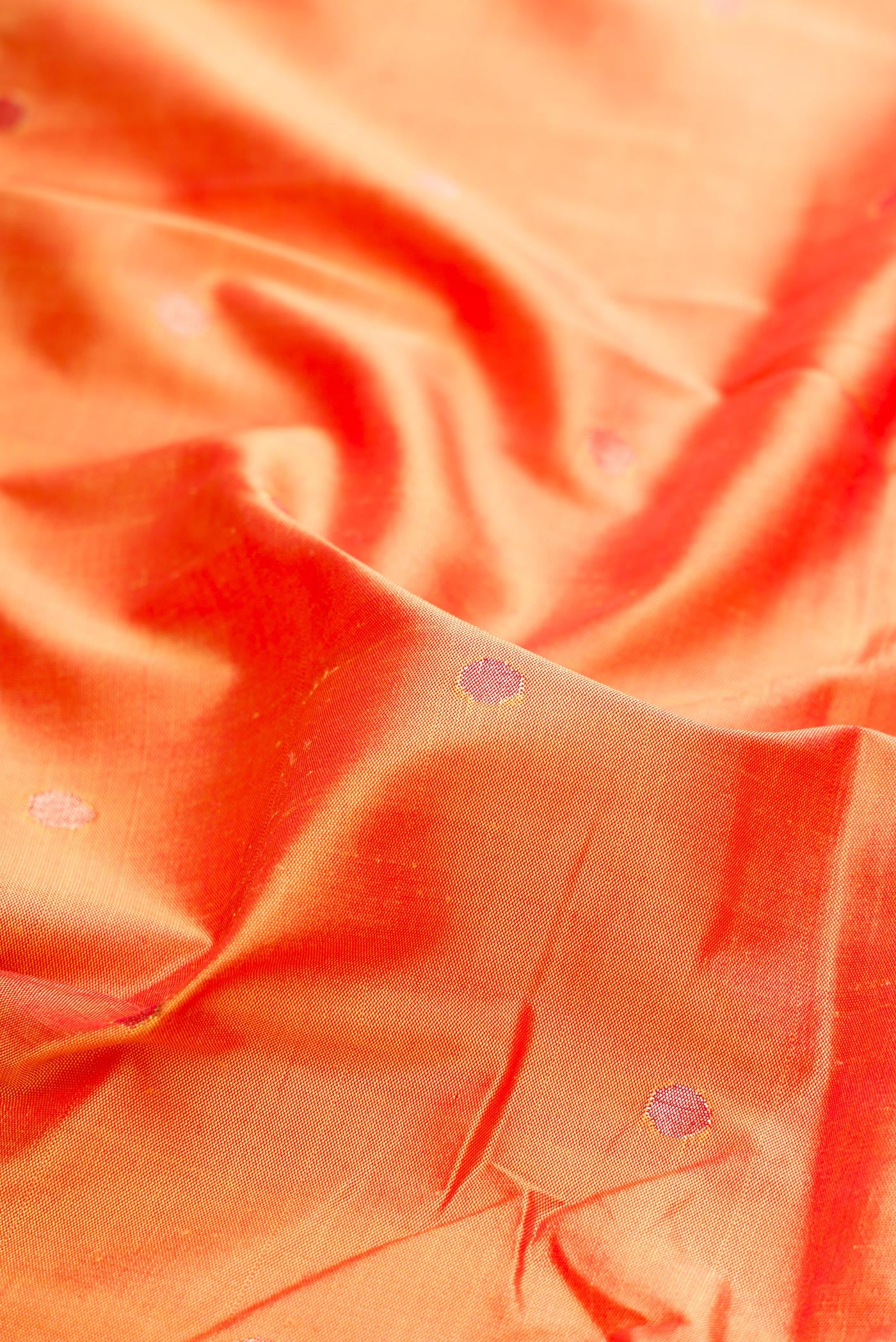 Close up of Mustard Dual Tone Paithani Silk Saree with Embroidery on the body and Paithani Border.  displaying folds