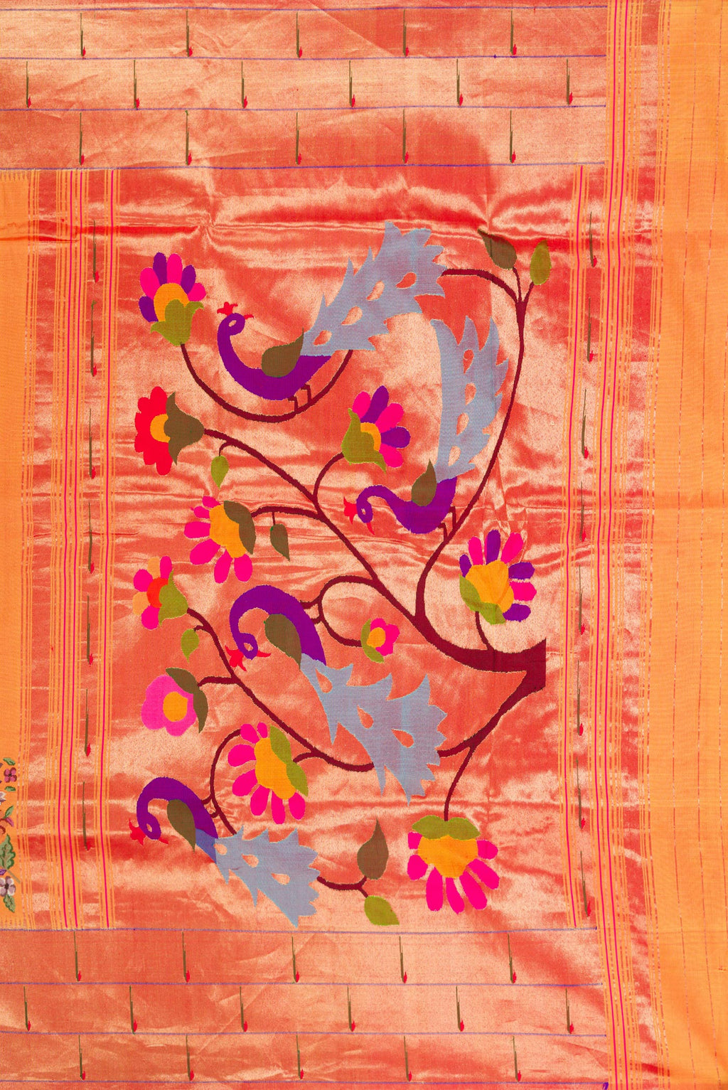 Close up image of the pallu of Mustard Dual Tone Paithani Silk Saree with Embroidery on the body and Paithani Border. 