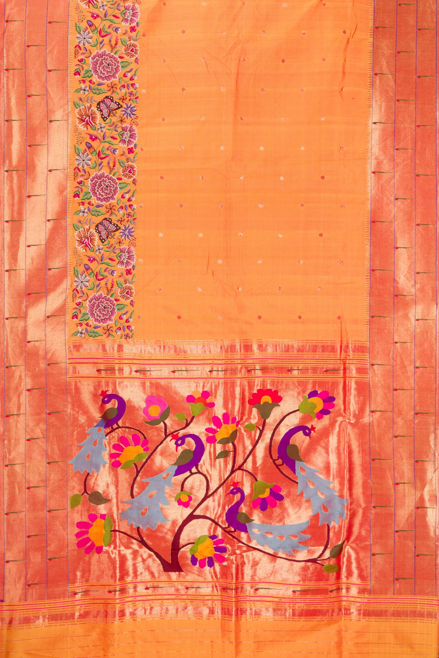 Flat view of Mustard Dual Tone Paithani Silk Saree with Embroidery on the body and Paithani Border. 