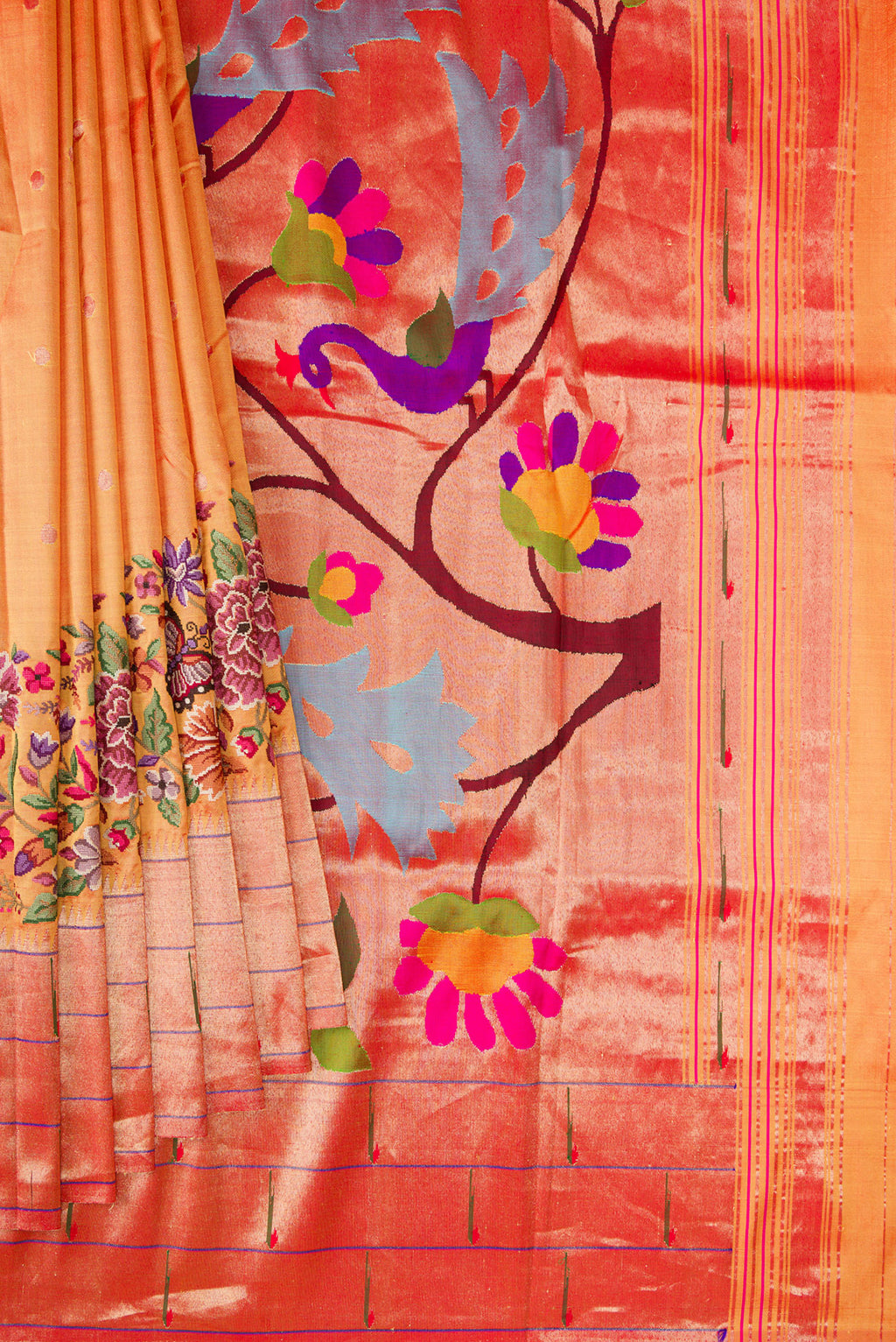 Pleats and pallu of Mustard Dual Tone Paithani Silk Saree with Embroidery on the body and Paithani Border. 