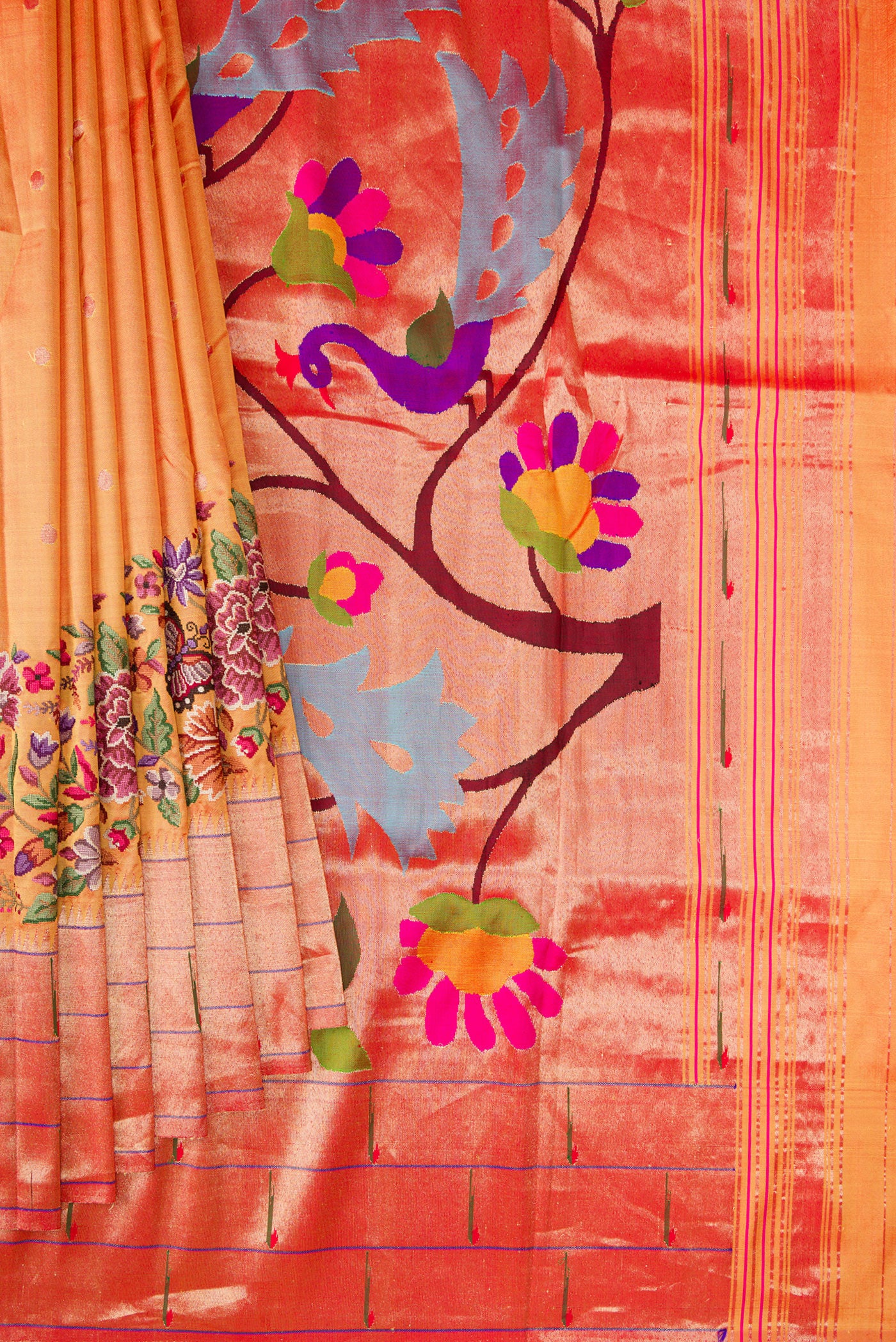 Pleats and pallu of Mustard Dual Tone Paithani Silk Saree with Embroidery on the body and Paithani Border. 